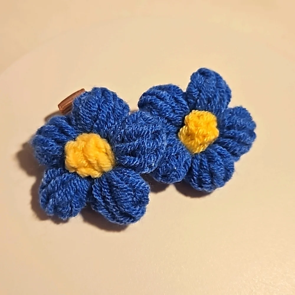 Hand Crafted Hand Knit Crochet Blue & Yellow Puffy Flowers 2-Set handmade clips